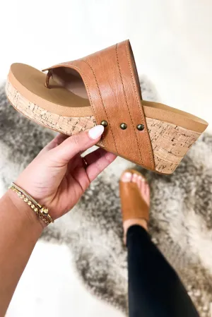 Brown Asymmetric Leather Cut Rivet Wedge Slippers