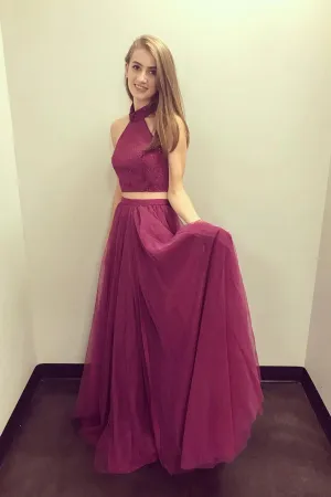 Burgundy Two Pieces High Neck Backless Long Tulle Prom Dress Evening Dresses OHC492