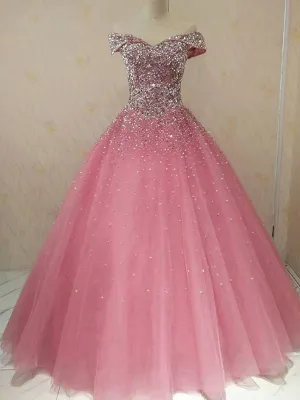 Cap Sleeve Ball Gown Amazing Beaded Blush Prom Dress 2019 Floor Length Prom Dress,Evening Dress SM7717