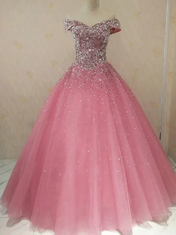 Cap Sleeve Ball Gown Amazing Beaded Blush Prom Dress 2019 Floor Length Prom Dress,Evening Dress SM7717