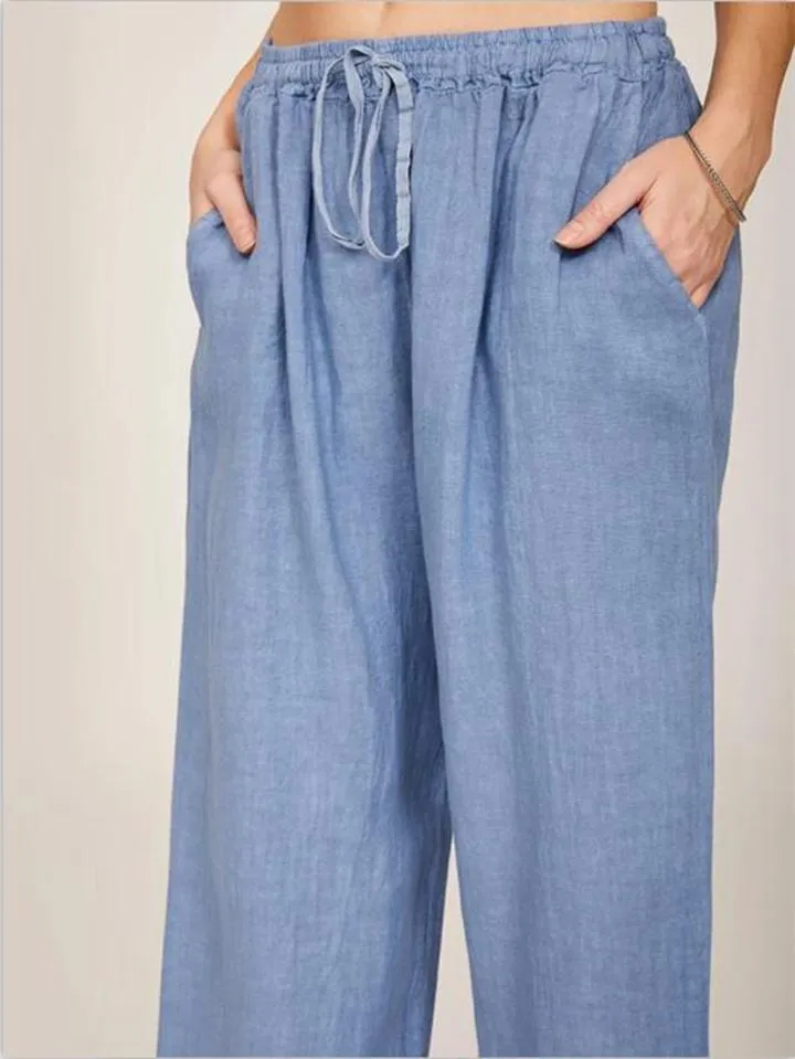 Casual Drawstring Waistband Cotton Linen Pants