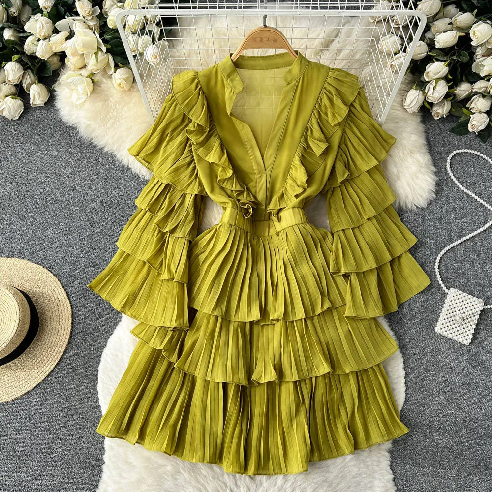Casual Flutter Sleeve Deep V Neck Tiered Ruffles Dress