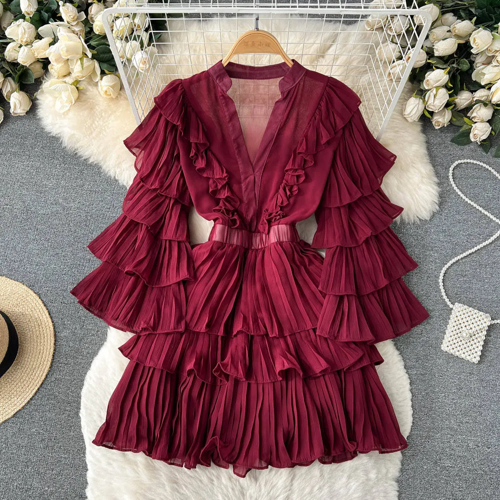Casual Flutter Sleeve Deep V Neck Tiered Ruffles Dress