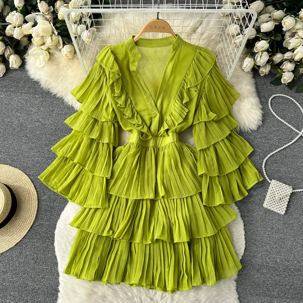 Casual Flutter Sleeve Deep V Neck Tiered Ruffles Dress