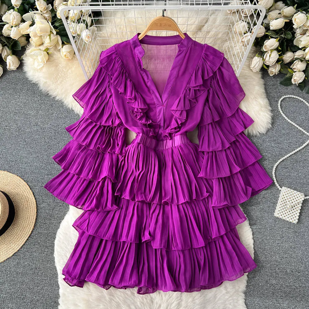 Casual Flutter Sleeve Deep V Neck Tiered Ruffles Dress