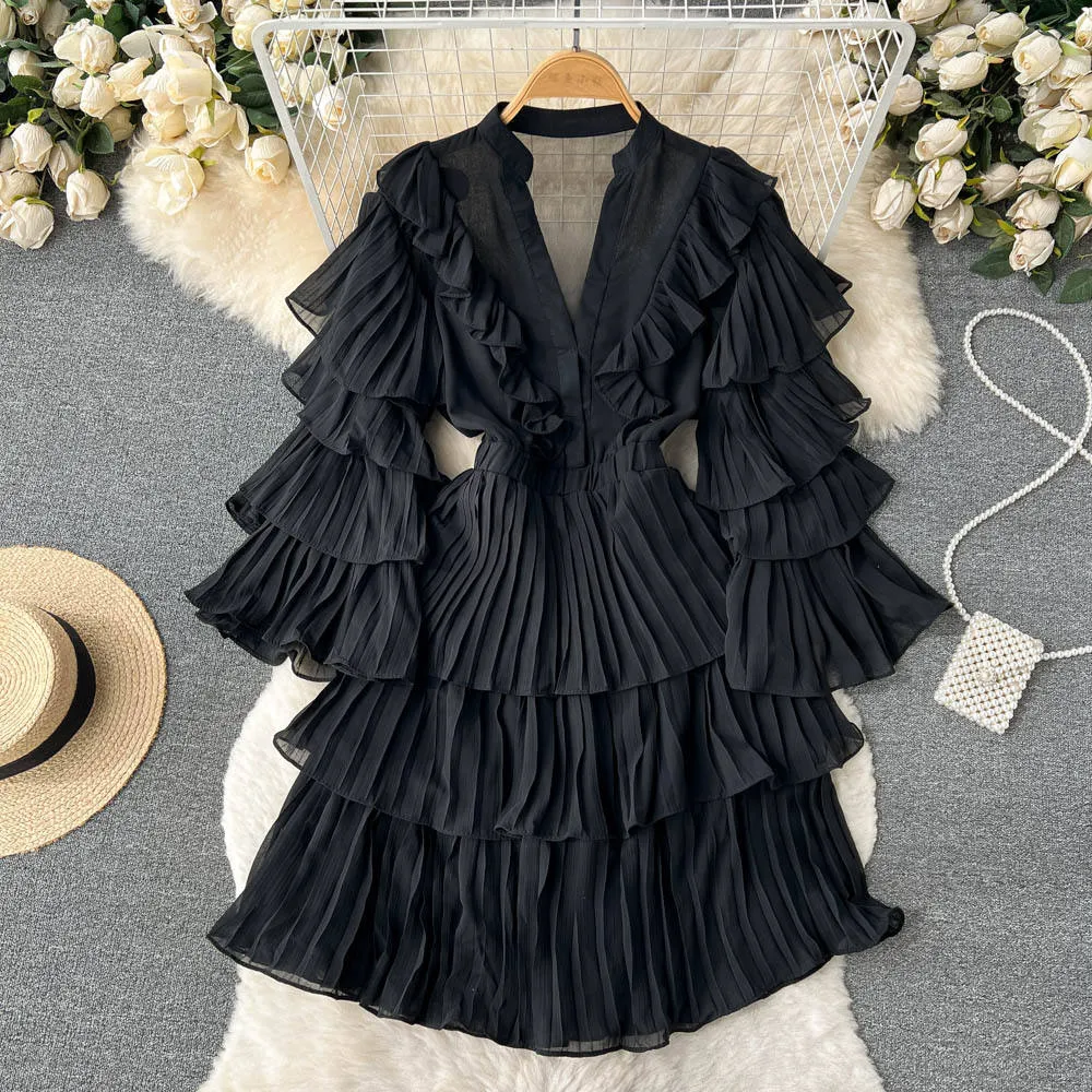Casual Flutter Sleeve Deep V Neck Tiered Ruffles Dress