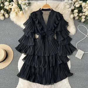 Casual Flutter Sleeve Deep V Neck Tiered Ruffles Dress