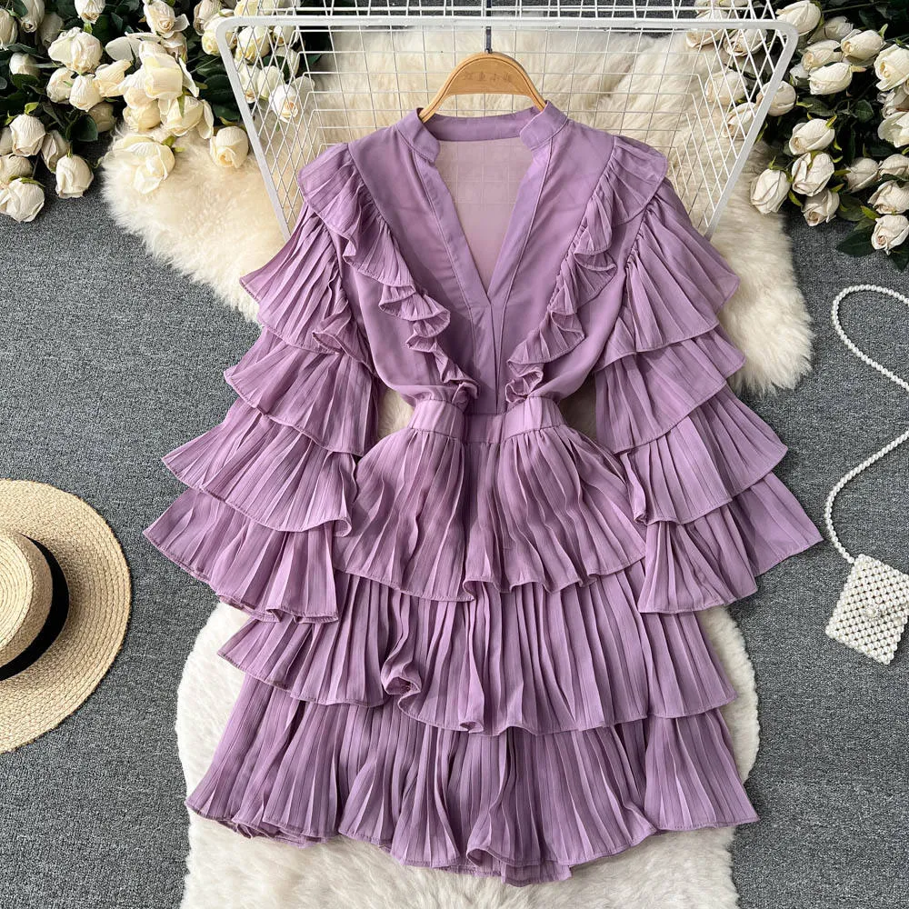 Casual Flutter Sleeve Deep V Neck Tiered Ruffles Dress