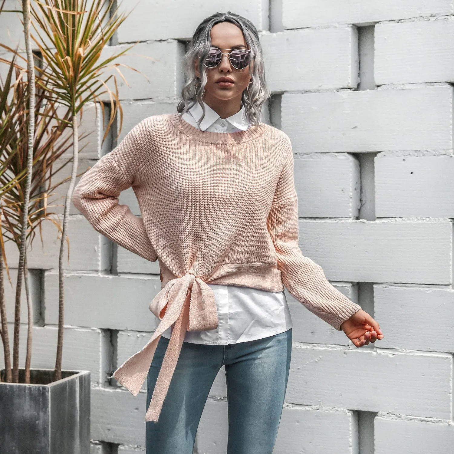 Casual Office Style Bowknot Knitting Sweater