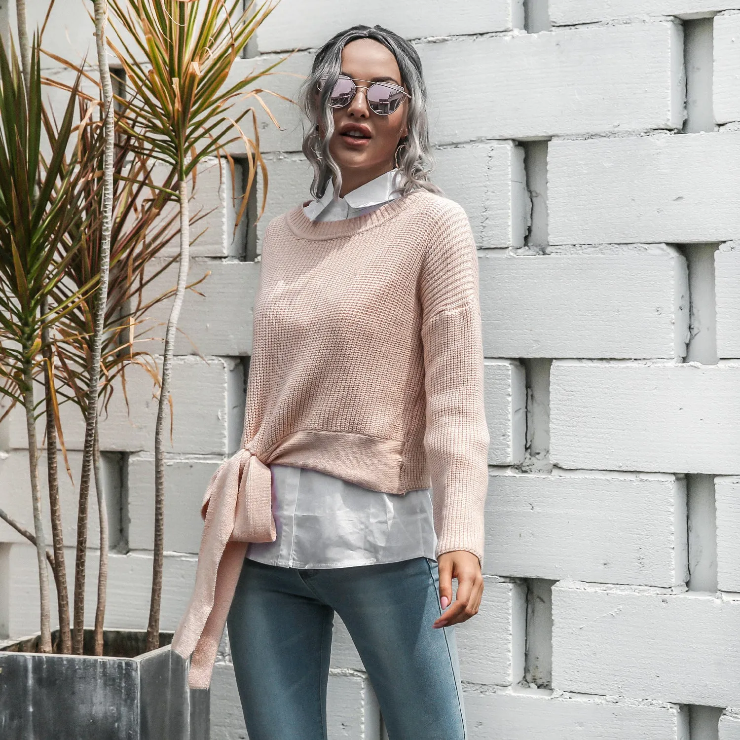 Casual Office Style Bowknot Knitting Sweater