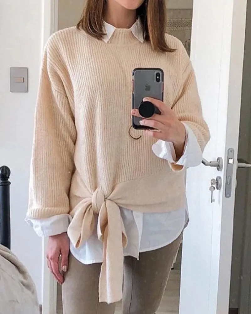 Casual Office Style Bowknot Knitting Sweater