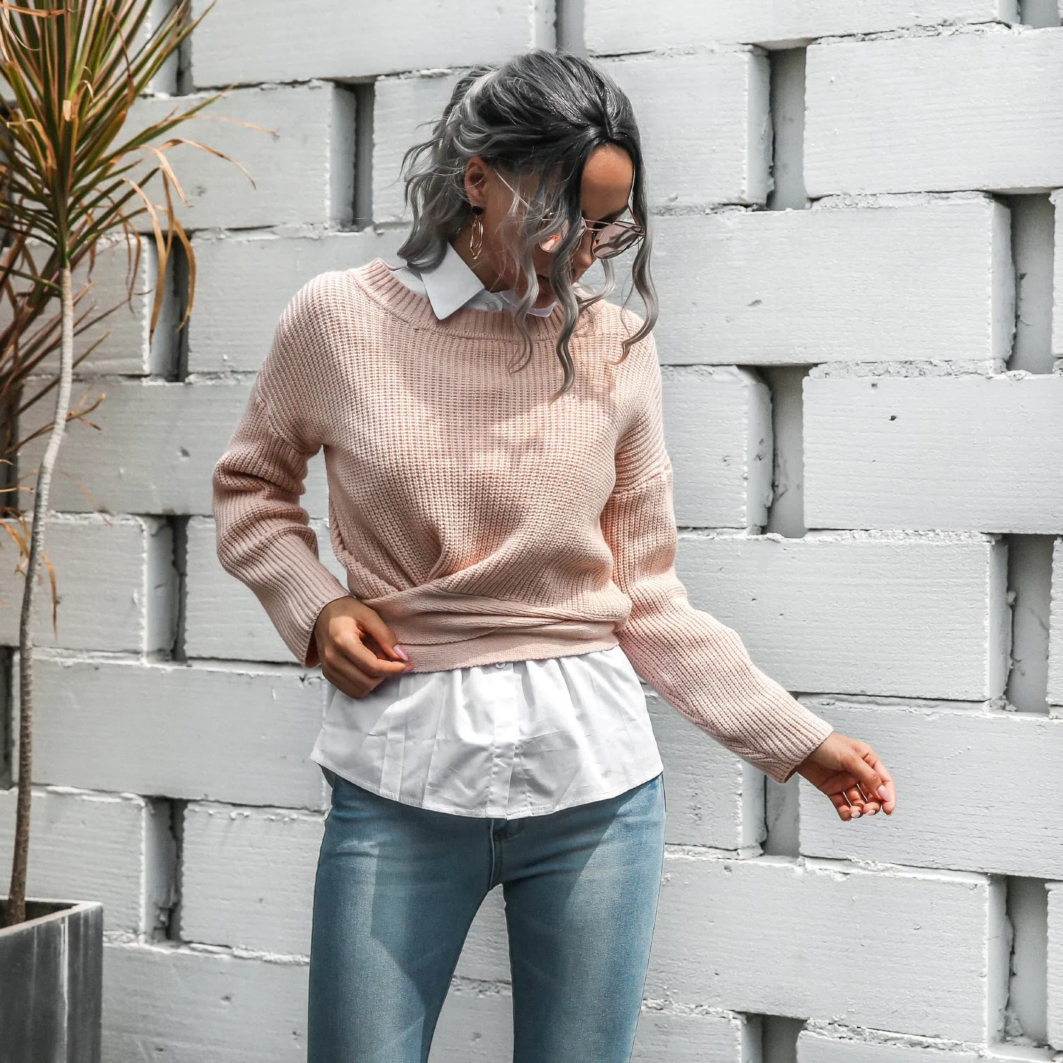 Casual Office Style Bowknot Knitting Sweater