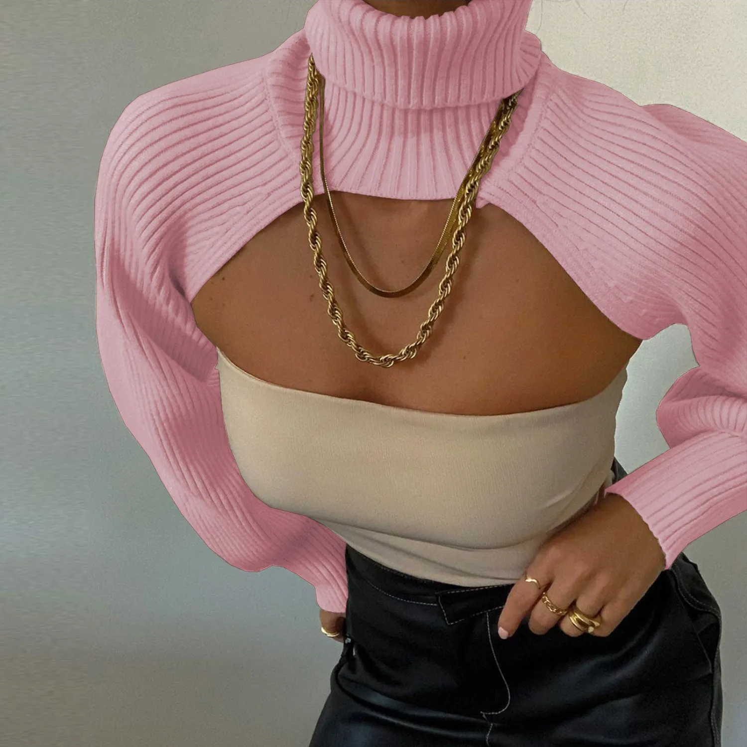 Casual Turtleneck Lantern Sleeve Cutout Cropped Knit Sweater Grey