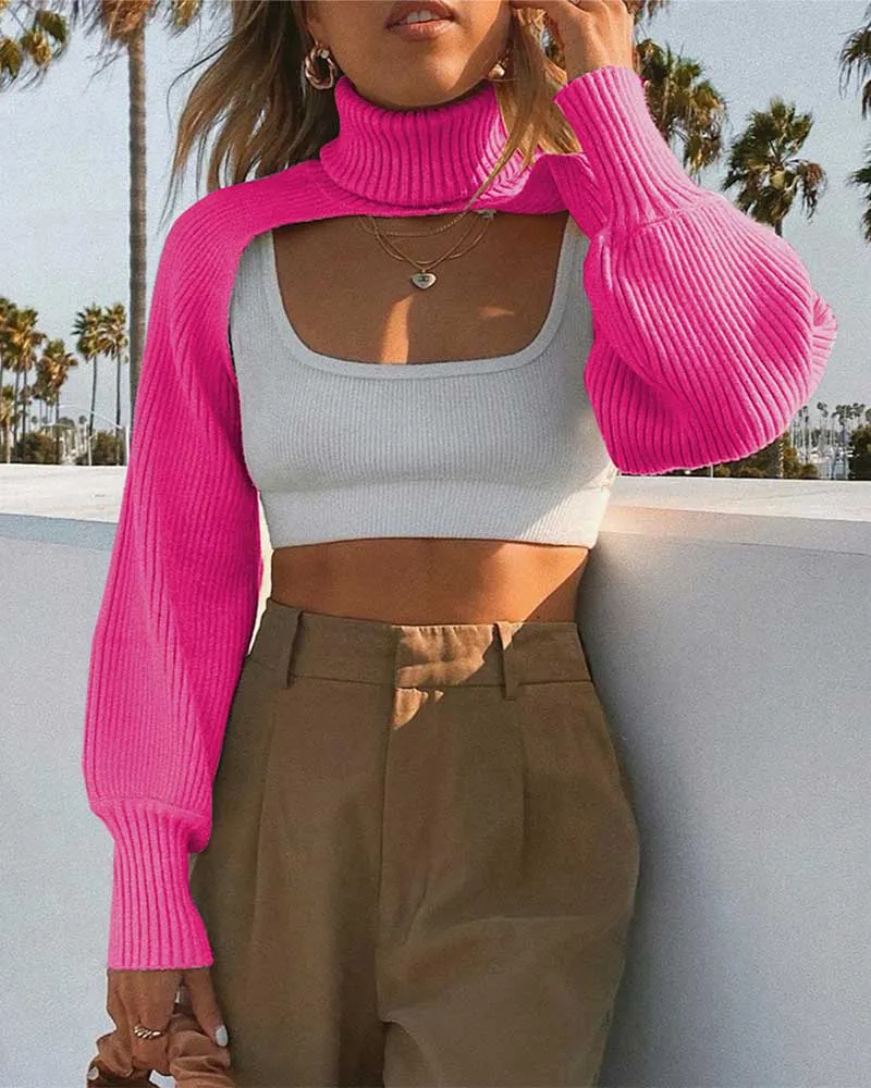 Casual Turtleneck Lantern Sleeve Cutout Cropped Knit Sweater Grey