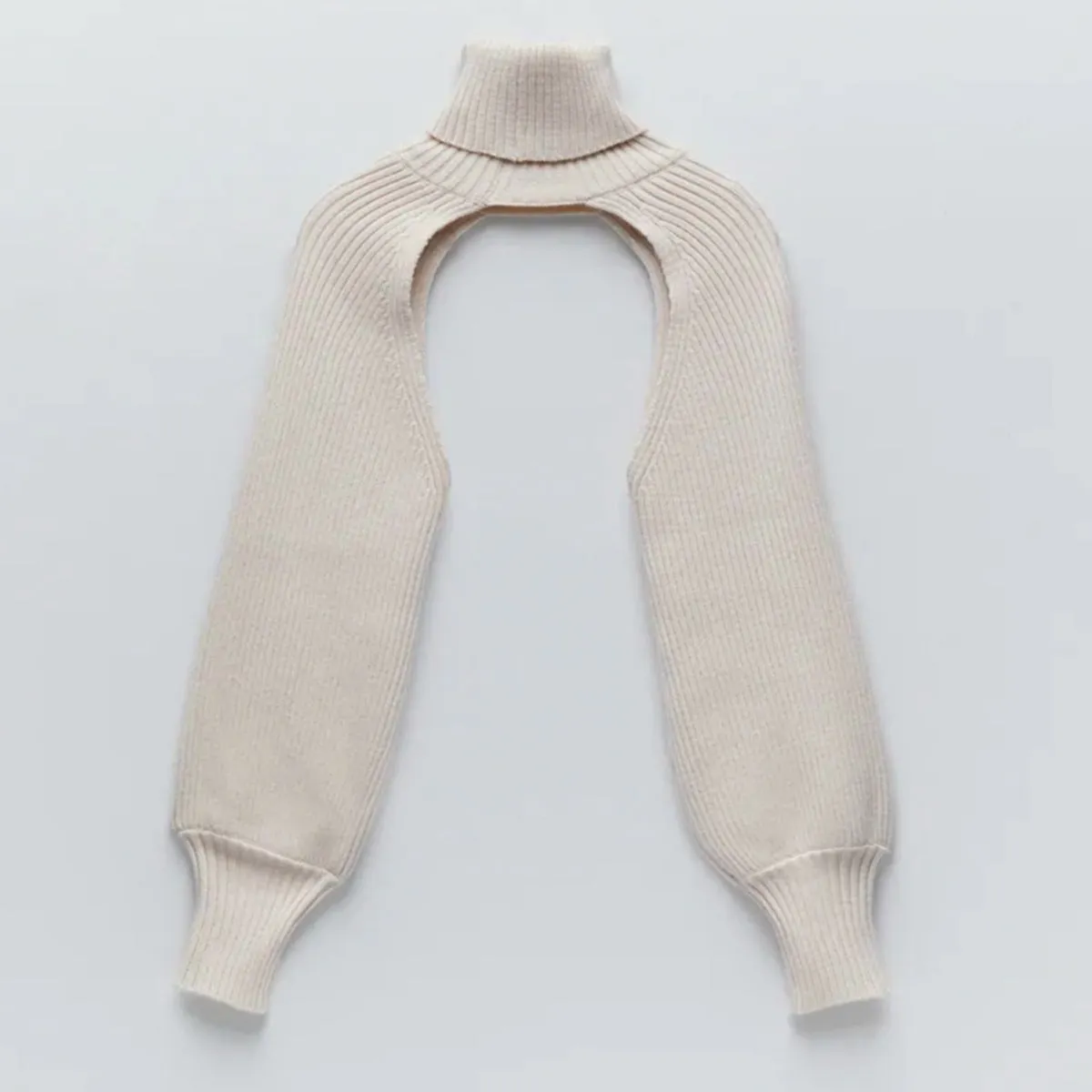 Casual Turtleneck Lantern Sleeve Cutout Cropped Knit Sweater Grey