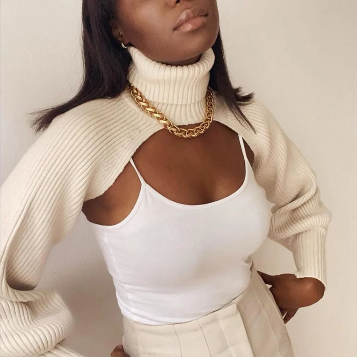 Casual Turtleneck Lantern Sleeve Cutout Cropped Knit Sweater Grey