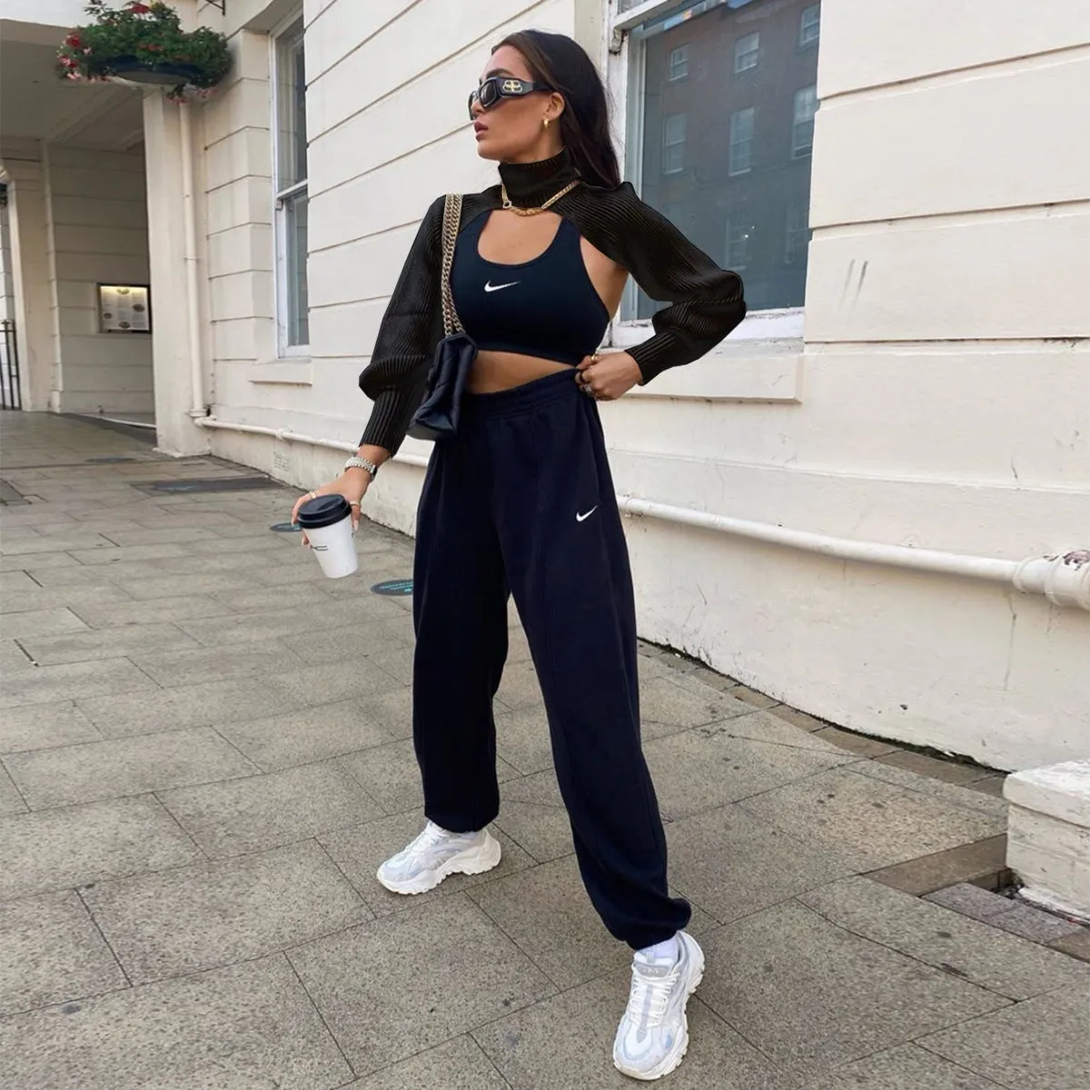 Casual Turtleneck Lantern Sleeve Cutout Cropped Knit Sweater Grey