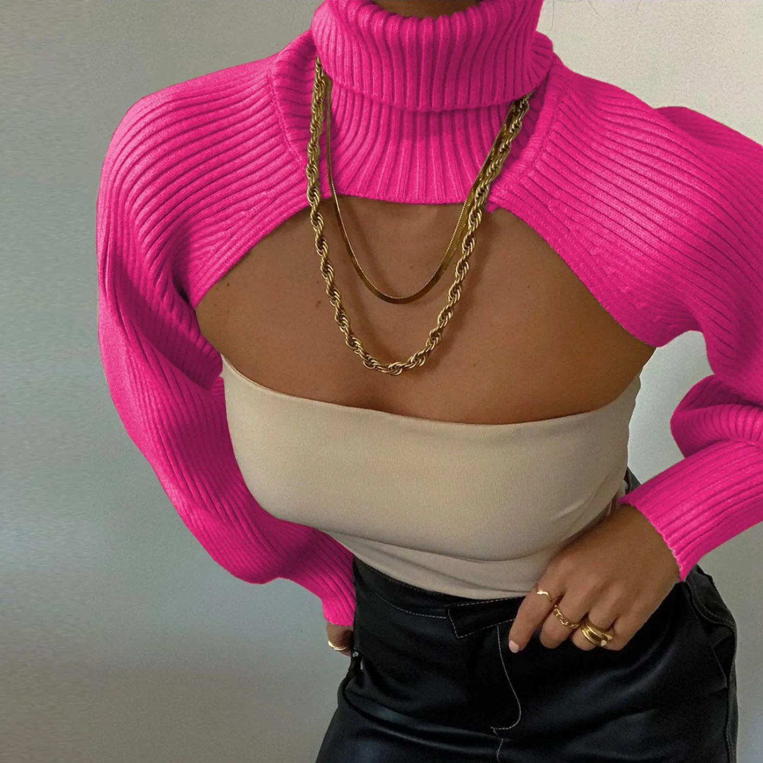 Casual Turtleneck Lantern Sleeve Cutout Cropped Knit Sweater Grey