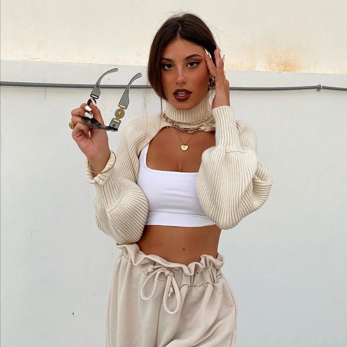 Casual Turtleneck Lantern Sleeve Cutout Cropped Knit Sweater Grey