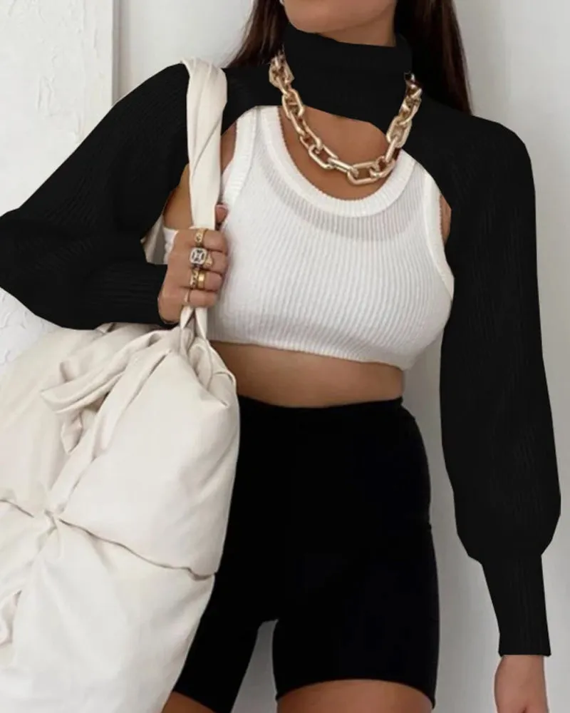 Casual Turtleneck Lantern Sleeve Cutout Cropped Knit Sweater Grey