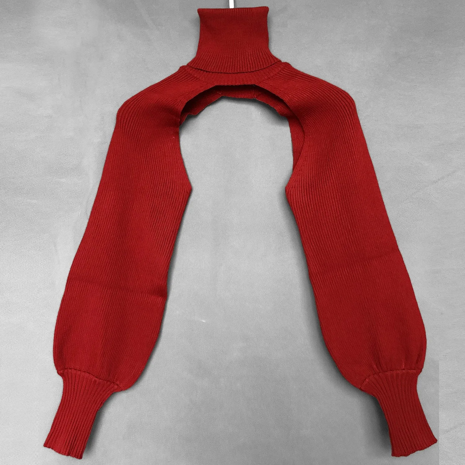 Casual Turtleneck Lantern Sleeve Cutout Cropped Knit Sweater Grey