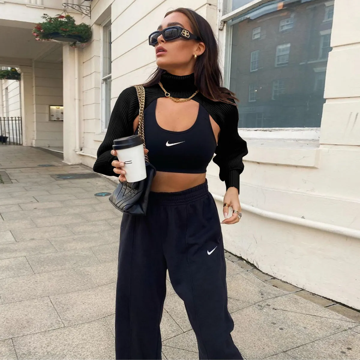 Casual Turtleneck Lantern Sleeve Cutout Cropped Knit Sweater Grey
