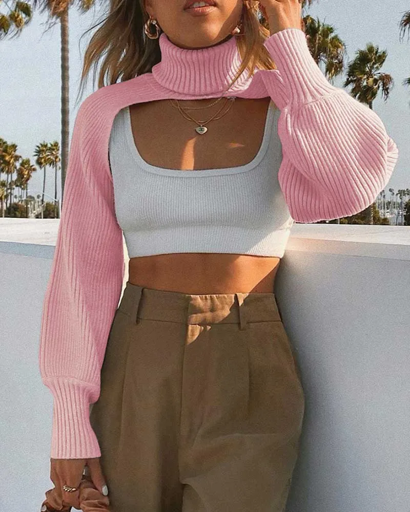 Casual Turtleneck Lantern Sleeve Cutout Cropped Knit Sweater Grey