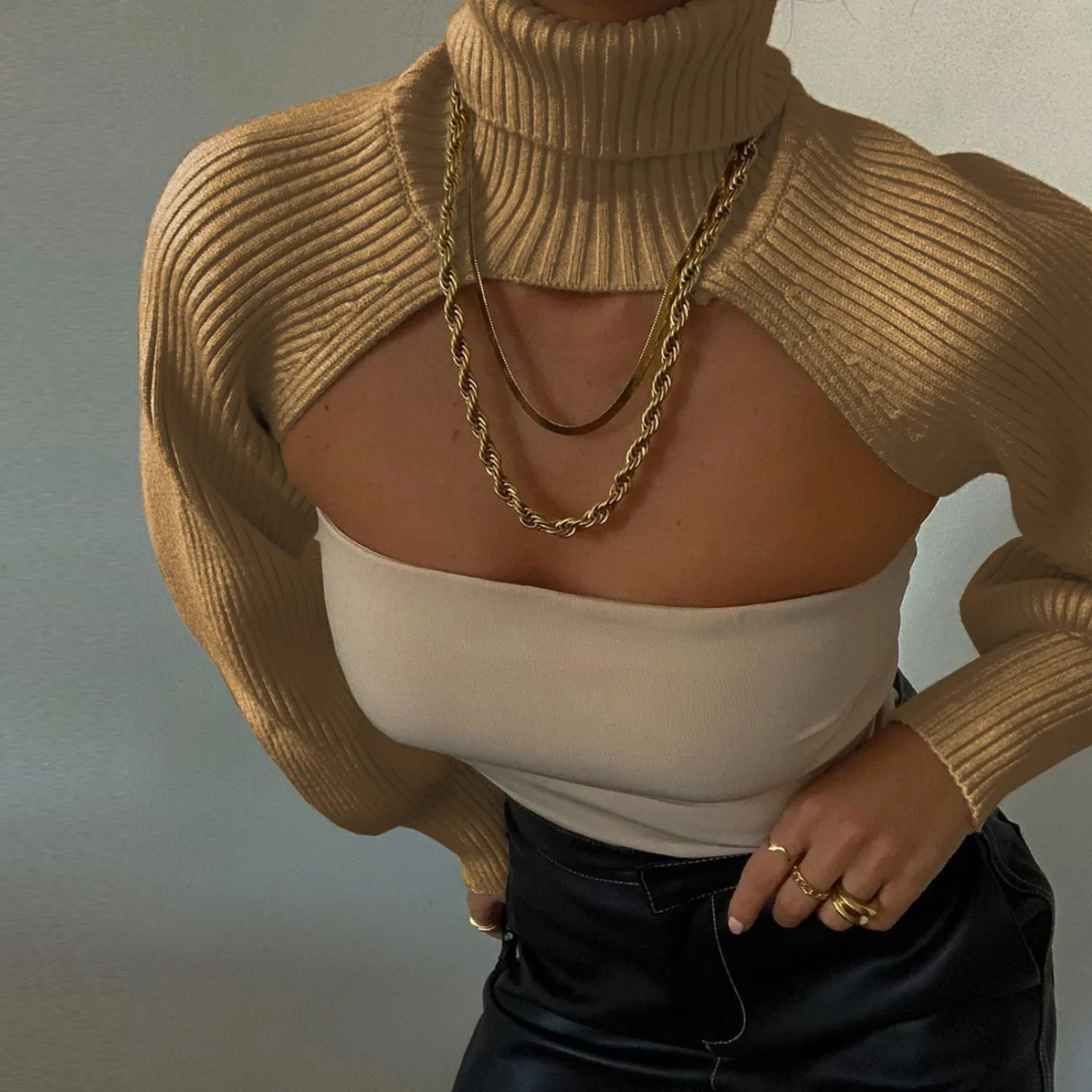 Casual Turtleneck Lantern Sleeve Cutout Cropped Knit Sweater Grey