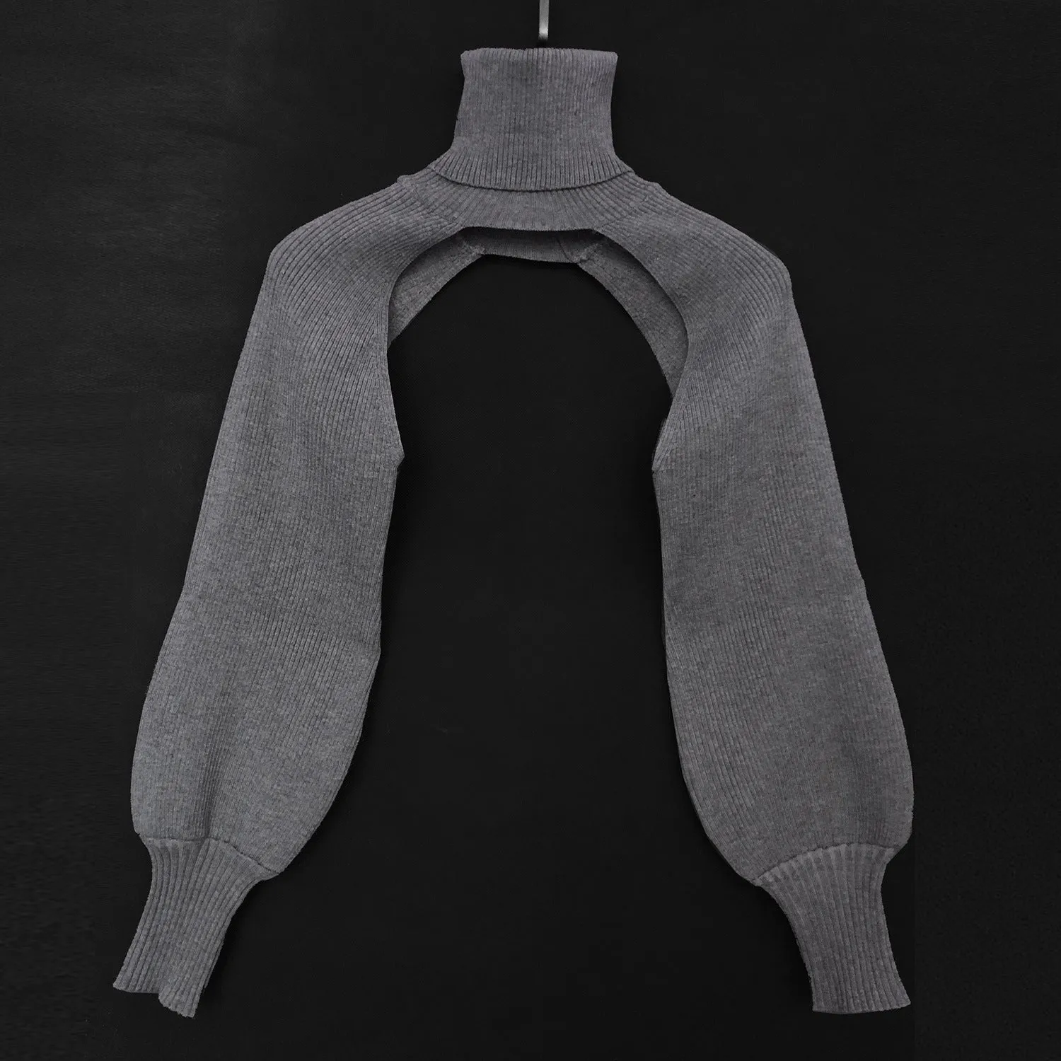 Casual Turtleneck Lantern Sleeve Cutout Cropped Knit Sweater Grey