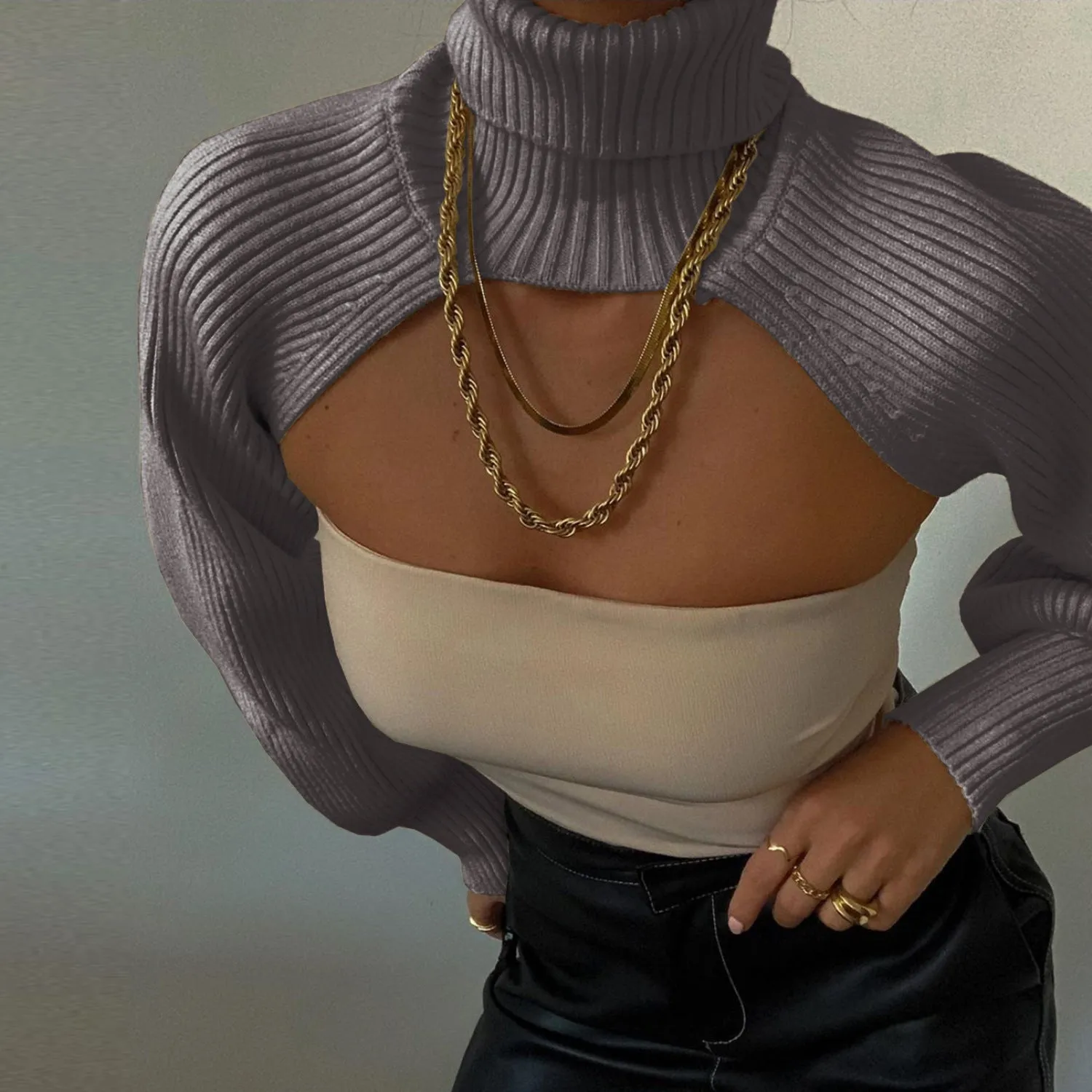 Casual Turtleneck Lantern Sleeve Cutout Cropped Knit Sweater Grey