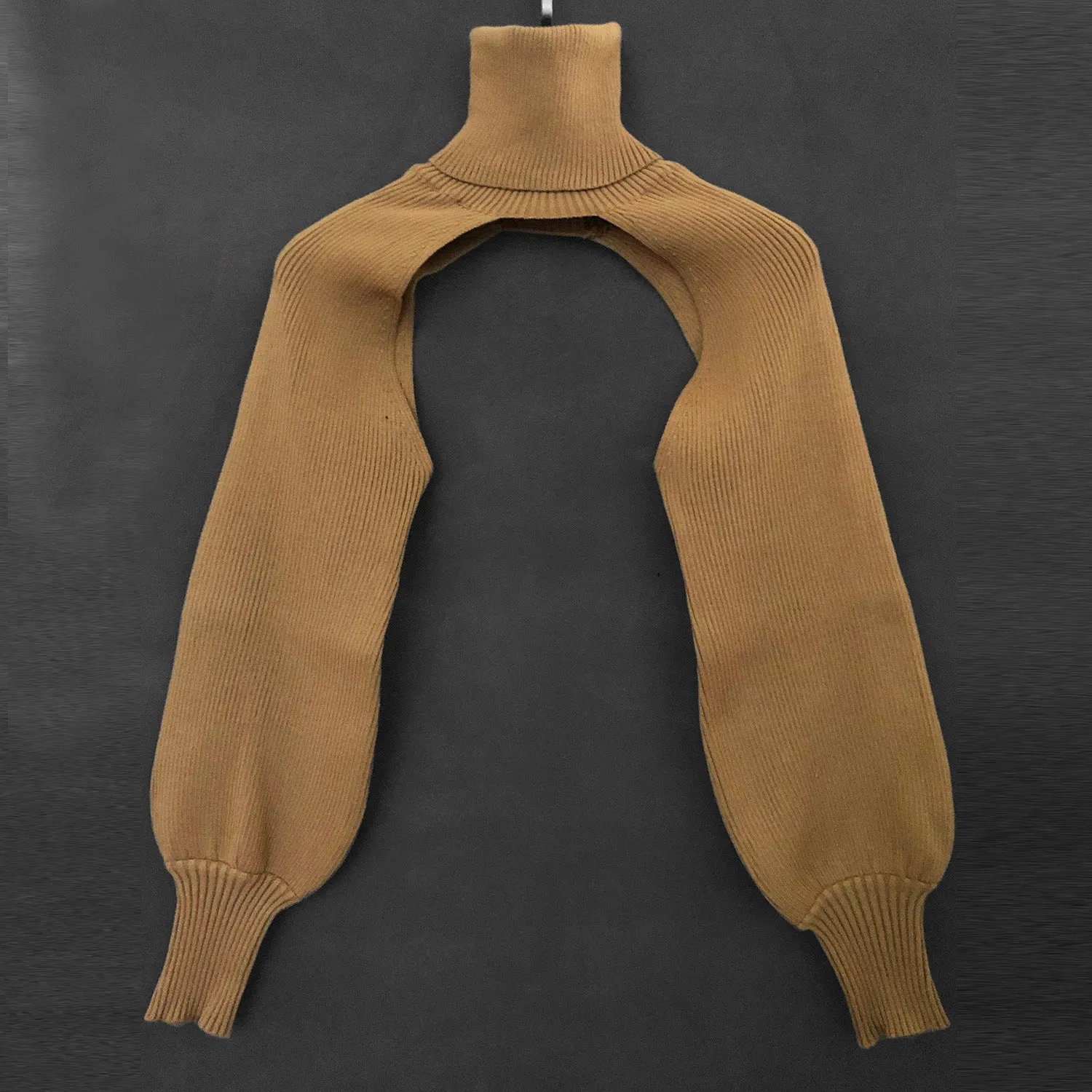 Casual Turtleneck Lantern Sleeve Cutout Cropped Knit Sweater Grey