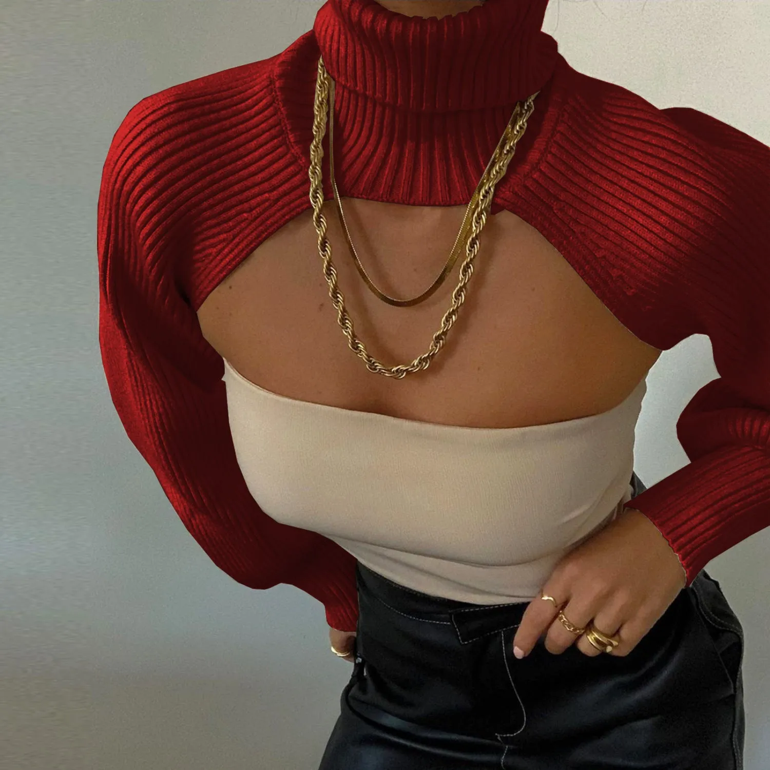 Casual Turtleneck Lantern Sleeve Cutout Cropped Knit Sweater Grey