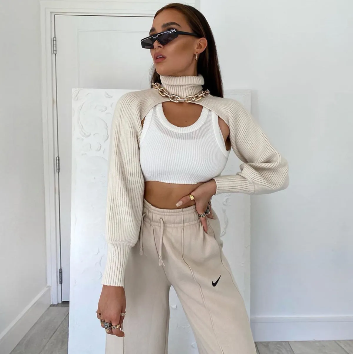 Casual Turtleneck Lantern Sleeve Cutout Cropped Knit Sweater Grey