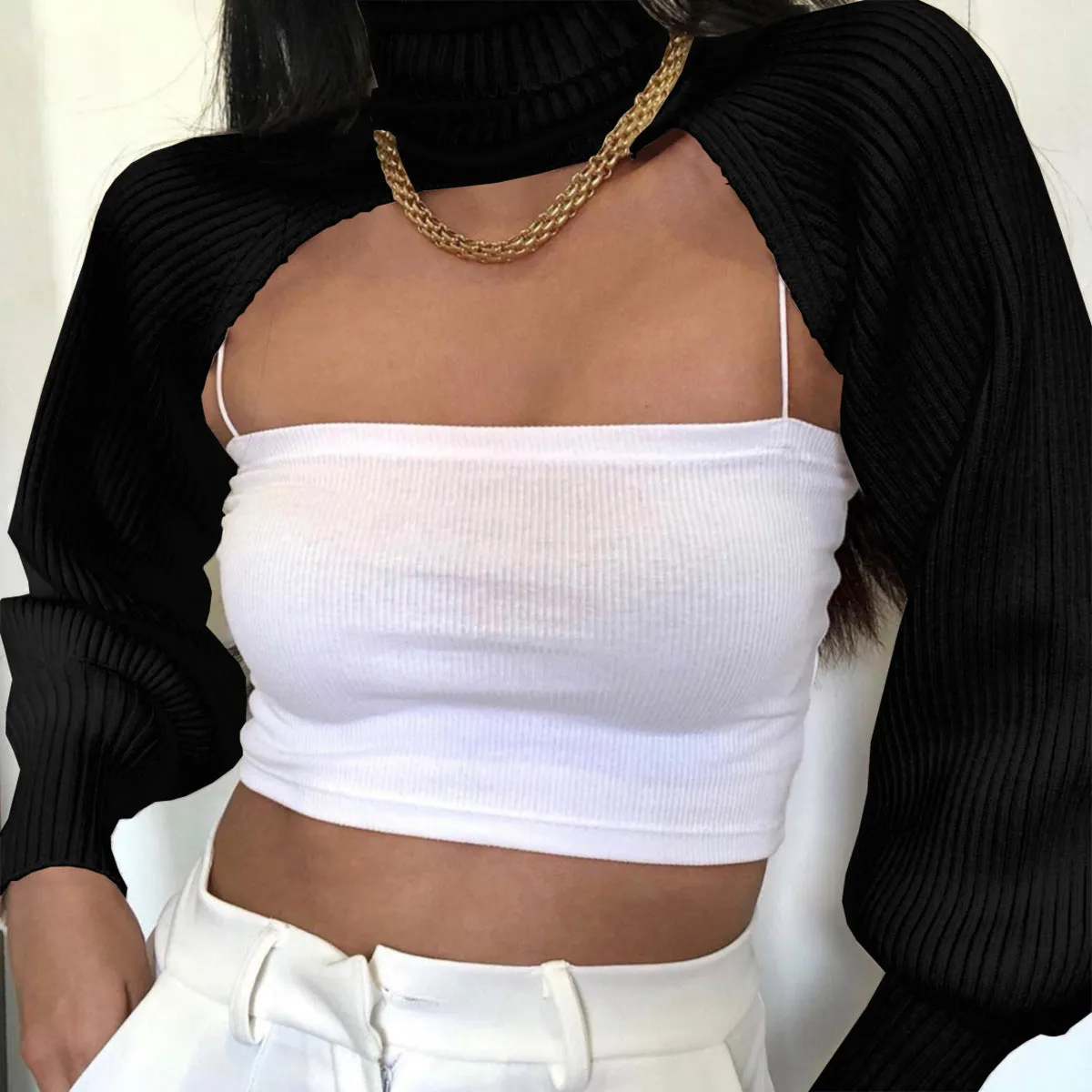 Casual Turtleneck Lantern Sleeve Cutout Cropped Knit Sweater Grey