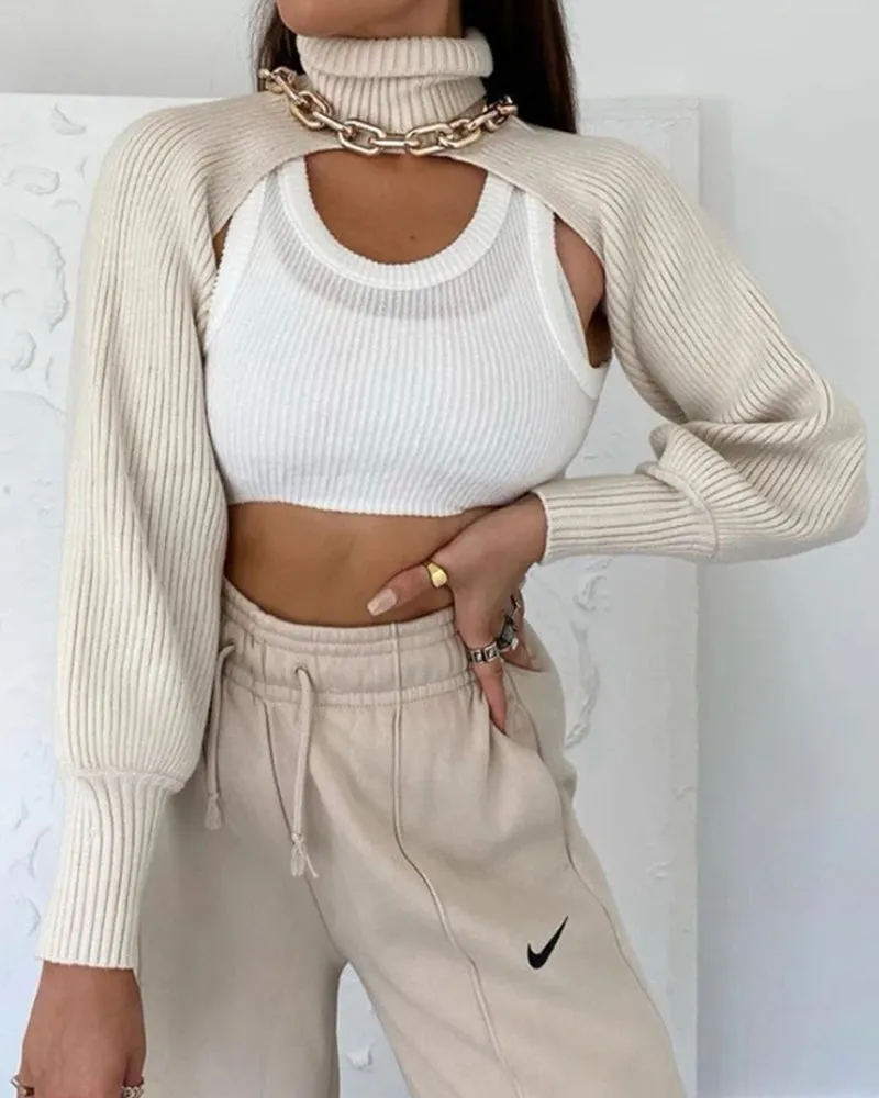 Casual Turtleneck Lantern Sleeve Cutout Cropped Knit Sweater Grey