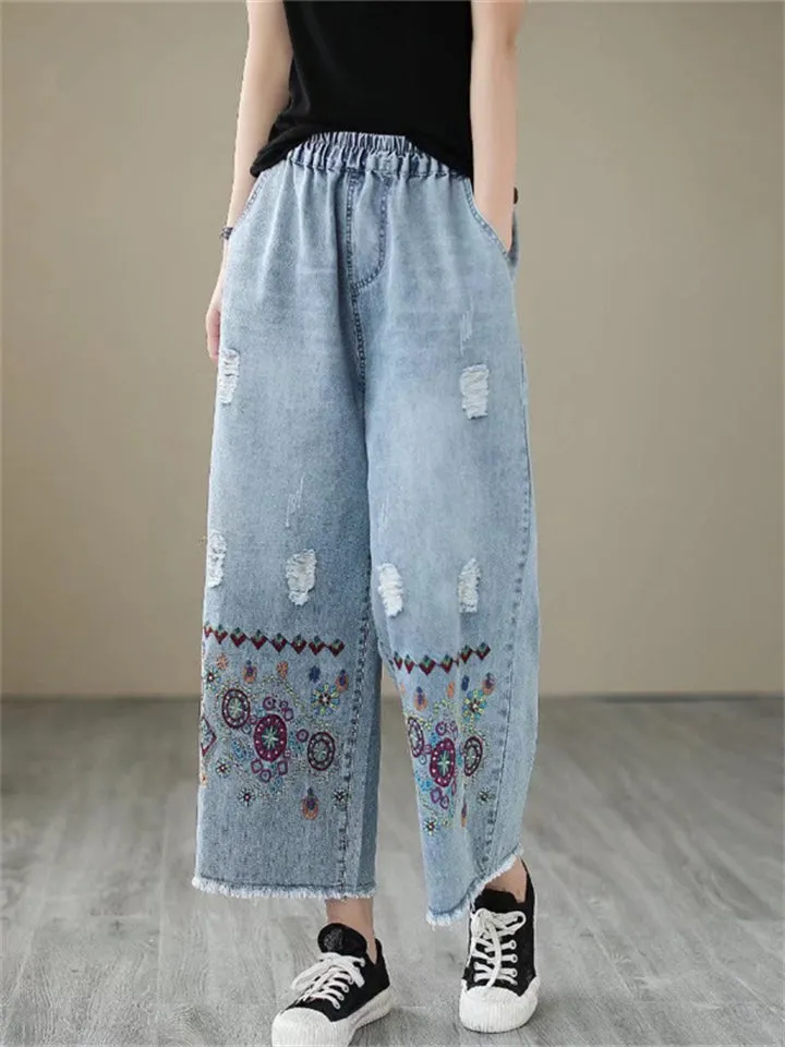 Casual Wide-leg Pants Embroidery Jeans