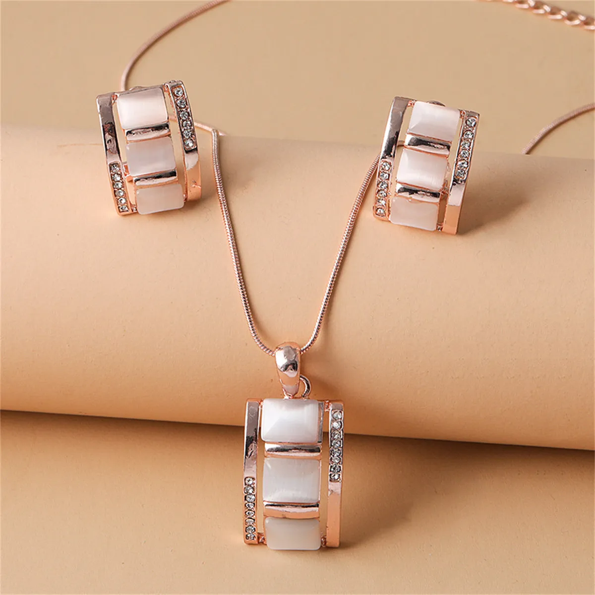 Cats Eye & Cubic Zirconia Bamboo Stud Earrings & Pendant Necklace