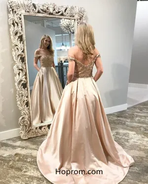 Champagne Off Shoulder Beaded Prom Dresses