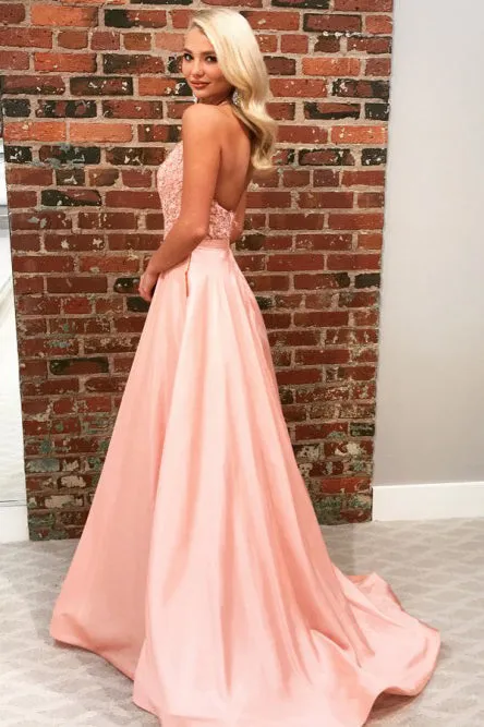 Charming A-Line Halter Backless Sweep Train Long Pink Prom Dress with Appliques OHC579
