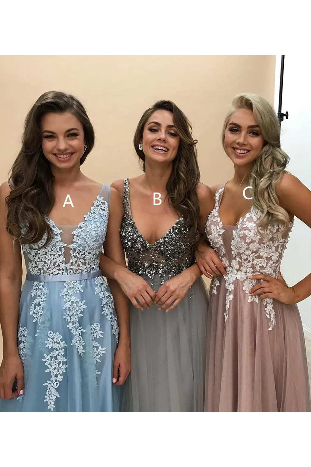 Charming A Line Spring V Neck Sleeveless Long Tulle Prom Dress Long Evening Dress OHC473