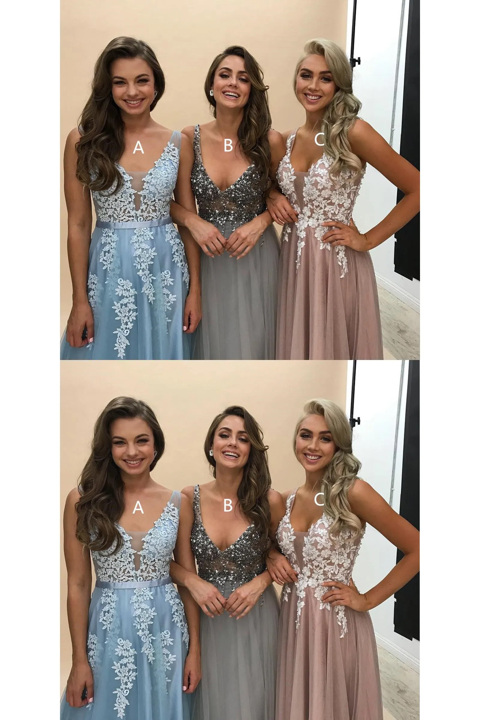 Charming A Line Spring V Neck Sleeveless Long Tulle Prom Dress Long Evening Dress OHC473