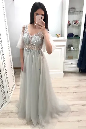 Charming A Line V Neck Beaded Long Tulle Prom Dresses Long Grey Prom Dress OHC503