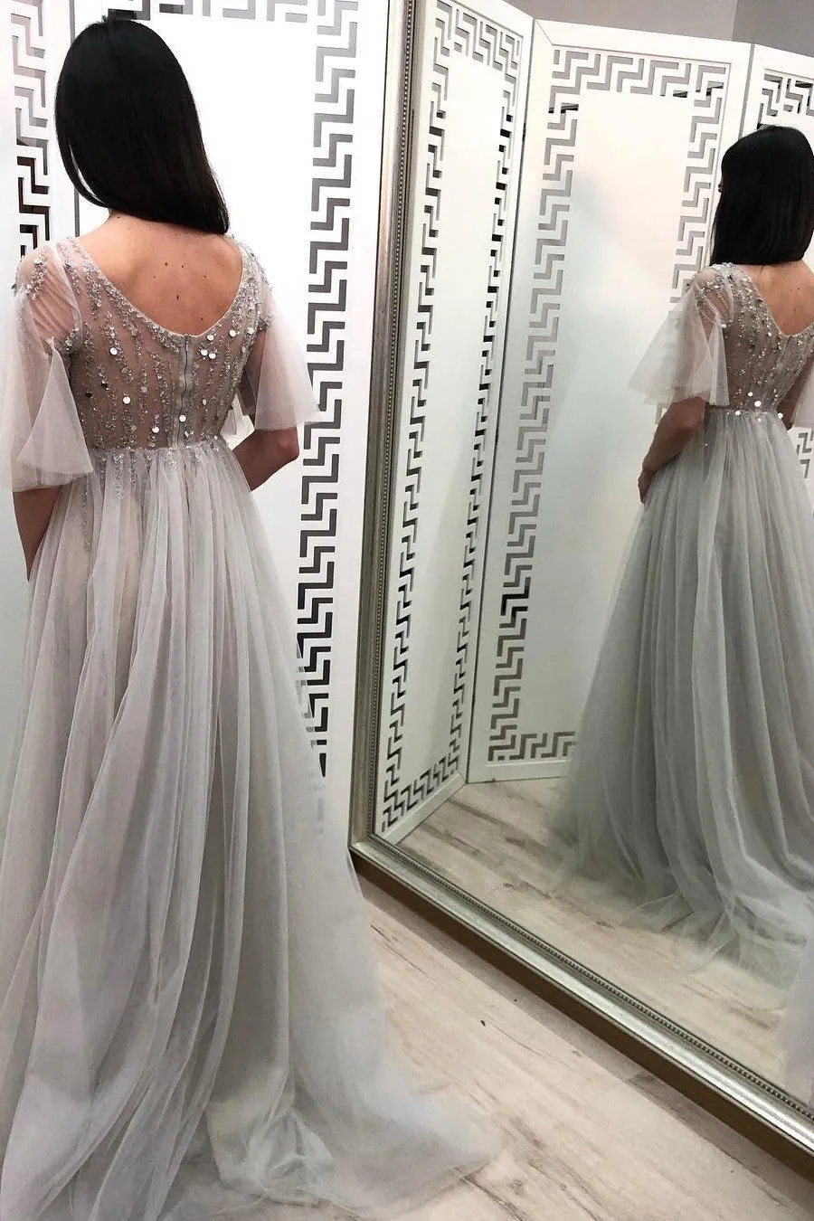 Charming A Line V Neck Beaded Long Tulle Prom Dresses Long Grey Prom Dress OHC503