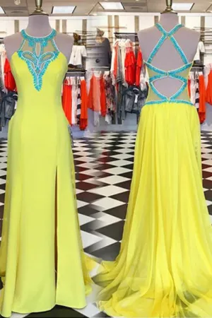 Charming Round Neck Open Back Split Front Long Yellow Sheath Prom Dress with Beading LPD051