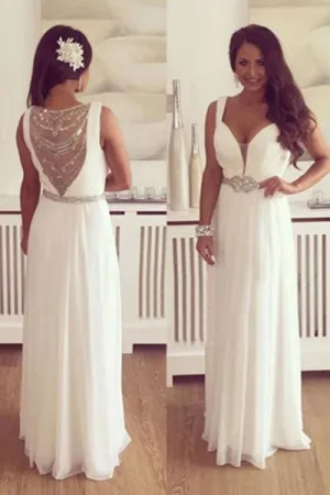 Charming V-Neck Sleeveless Illusion Back Floor Length White Prom Dress with Beading Belt LPD046