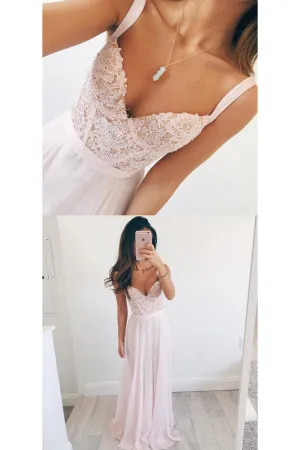 Cheap A Line Pink Chiffon Prom Dress Sleeveless Lace Long Prom Dress OHC454