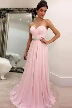 Cheap Princess/A-Line Sweetheart Sleeveless Beading Pink Long Chiffon Prom Dresses OHC266