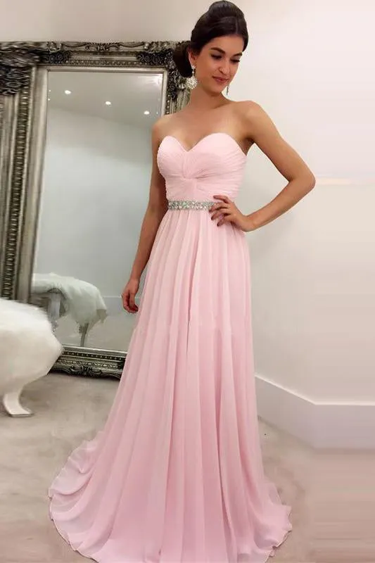 Cheap Princess/A-Line Sweetheart Sleeveless Beading Pink Long Chiffon Prom Dresses OHC266