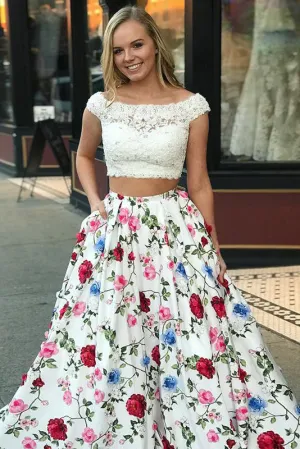 Cheap Two Piece Floral Prom Dress White Lace Satin Long Prom Dress OHC466