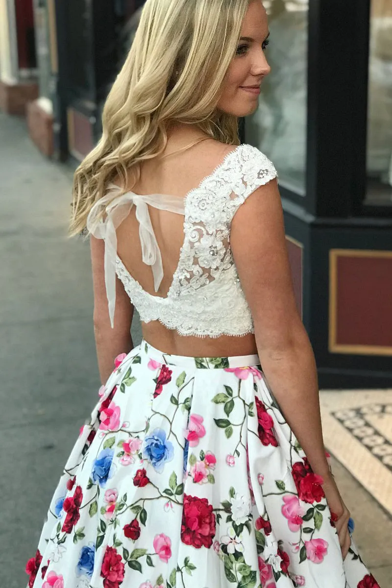 Cheap Two Piece Floral Prom Dress White Lace Satin Long Prom Dress OHC466